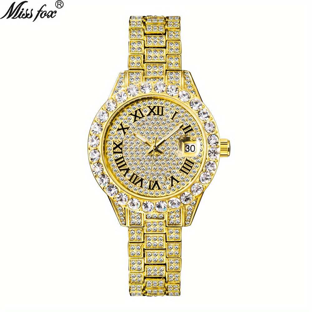 MISSFOX Women Watch Iced Out Shiny Diamond Fashion Elegant Small Case Dress Watches Fashion With Auto Calendar