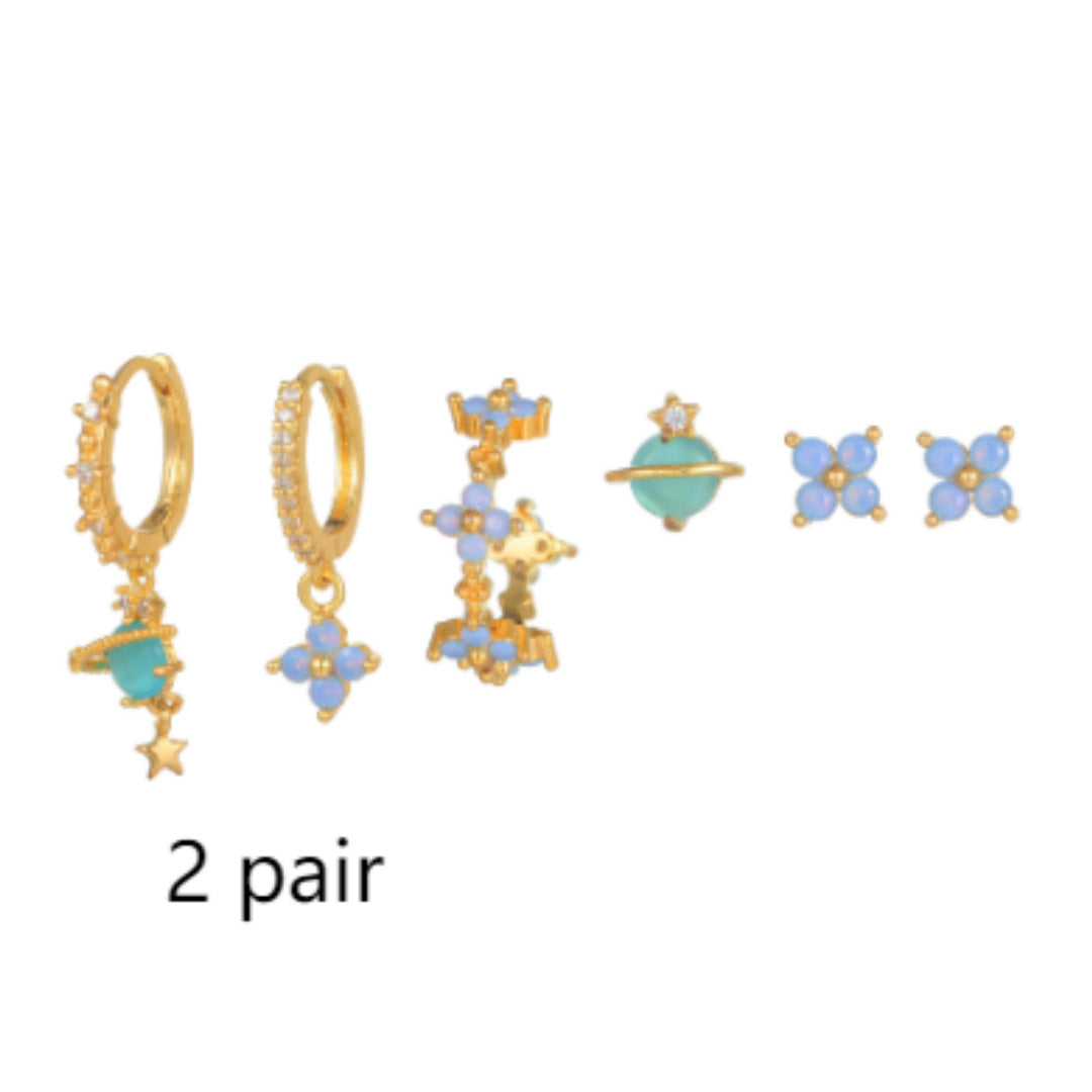 New Blue Protein Flower Nail Japanese And Korean Sweet Girl Earrings Suit