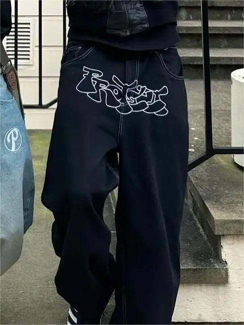 American Street Baggy Casual Men's Retro Hip Hop Printing Stylish Fashion High Waist Jeans