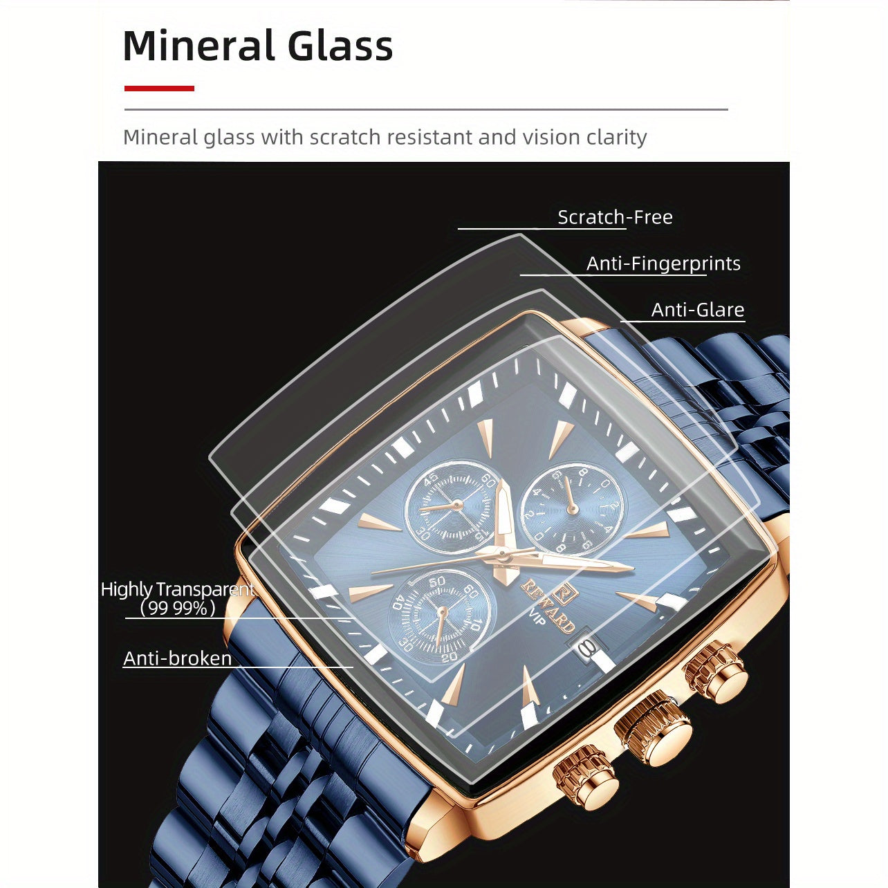 REWARD Men's Watches Blue Rectangle Quartz Wristwatches Luxury Business Watch Clock Luminous Hands Clock Man Valentine's Day