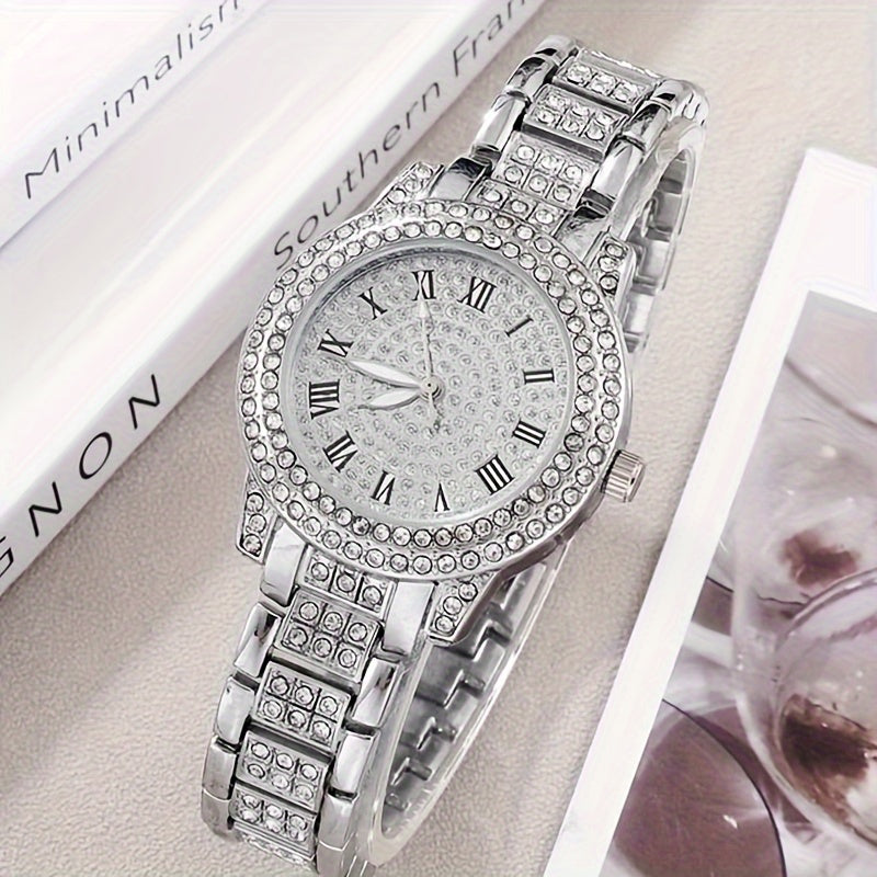 7pcs Rhinestone Encrusted Quartz Watches For Women Alloy Wrist Watch With Jewelry Set Great Gift For Her Mom Girlfriend Gifts For Eid