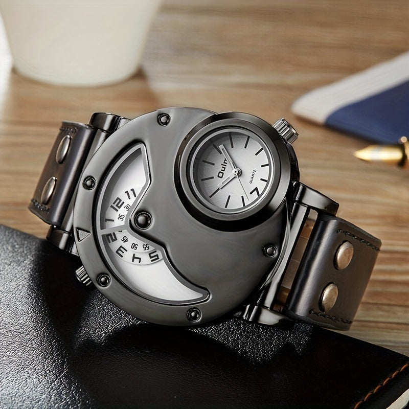 Oulm Unique Double Time Zone Sports Quartz Watch Male Clock Casual PU Leather Military Wristwatch Men's Watches, Ideal choice for Gifts