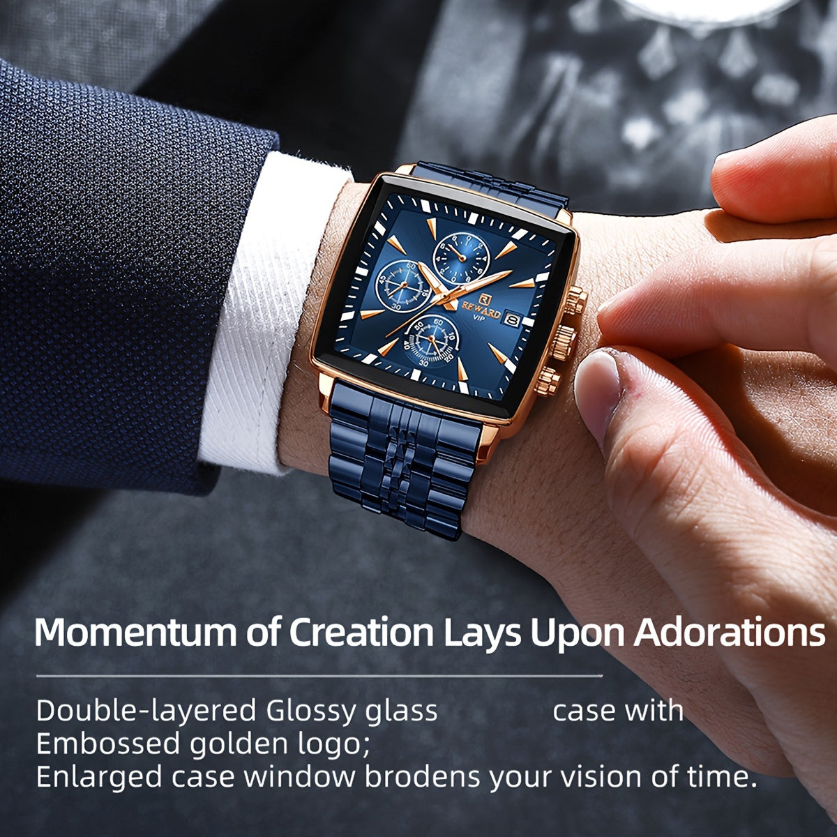 REWARD Men's Watches Blue Rectangle Quartz Wristwatches Luxury Business Watch Clock Luminous Hands Clock Man Valentine's Day