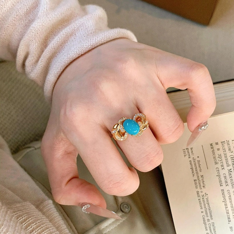 Fashion French Wave Hollow Turquoise Ring