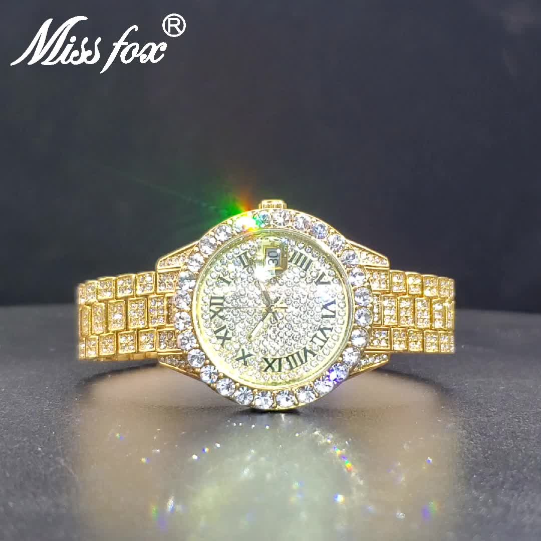 MISSFOX Women Watch Iced Out Shiny Diamond Fashion Elegant Small Case Dress Watches Fashion With Auto Calendar