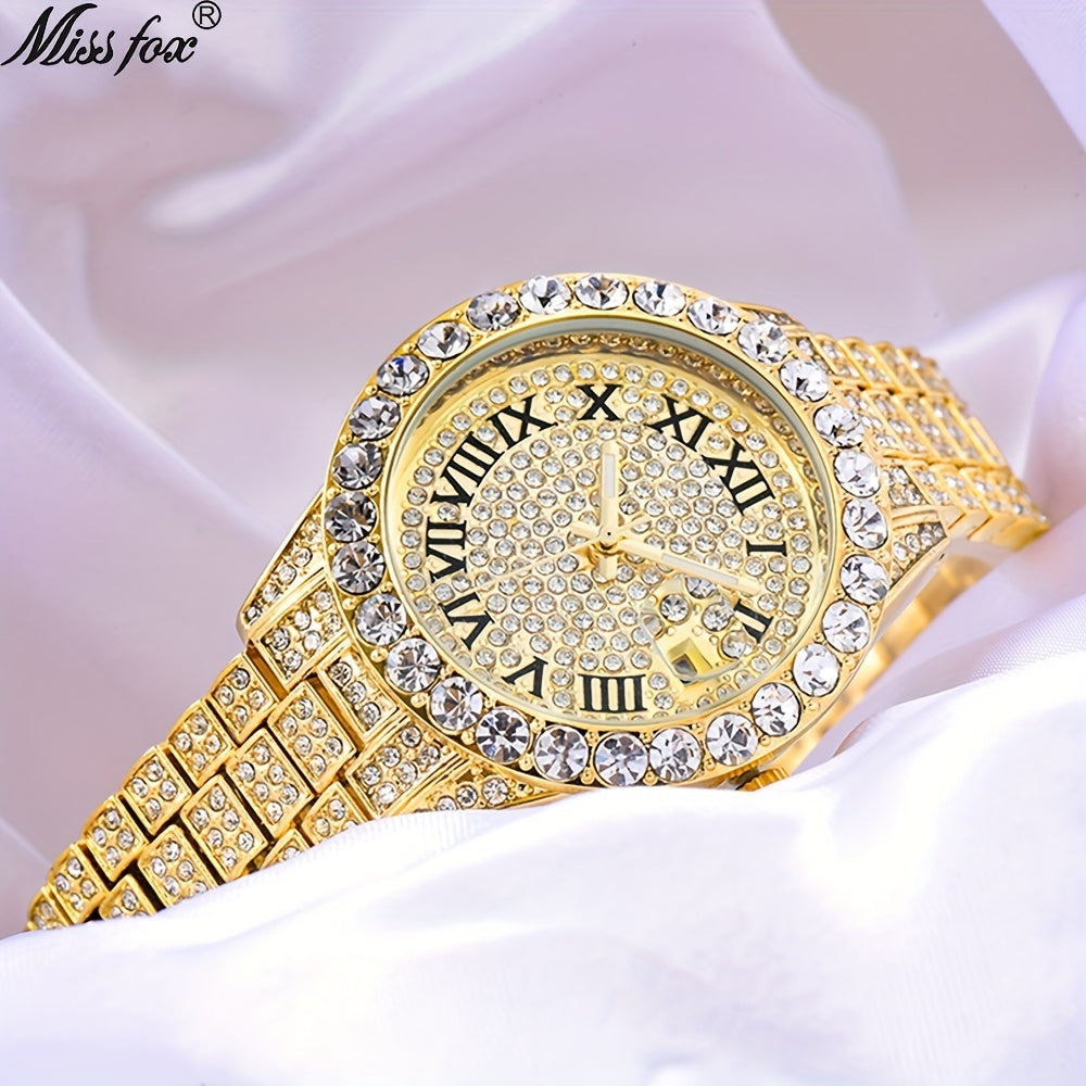 MISSFOX Women Watch Iced Out Shiny Diamond Fashion Elegant Small Case Dress Watches Fashion With Auto Calendar
