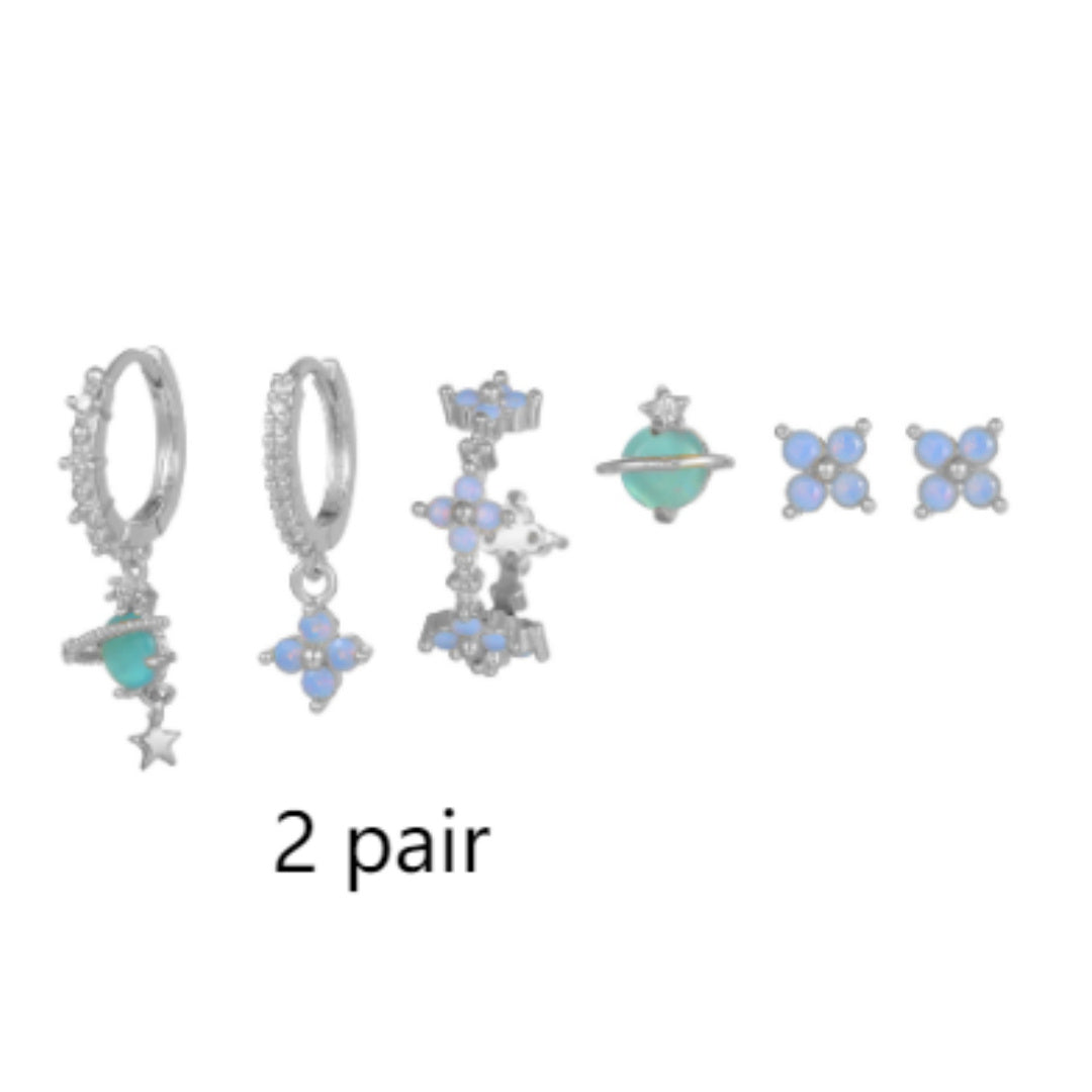 New Blue Protein Flower Nail Japanese And Korean Sweet Girl Earrings Suit