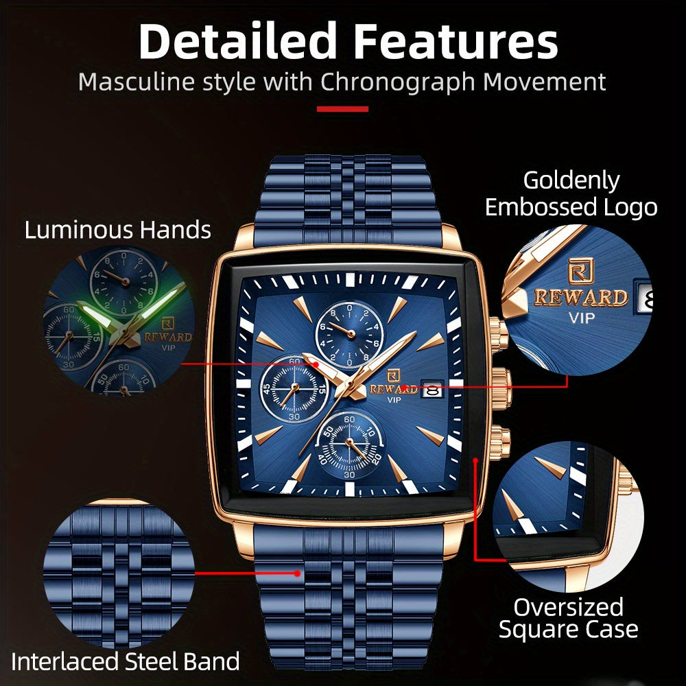 REWARD Men's Watches Blue Rectangle Quartz Wristwatches Luxury Business Watch Clock Luminous Hands Clock Man Valentine's Day