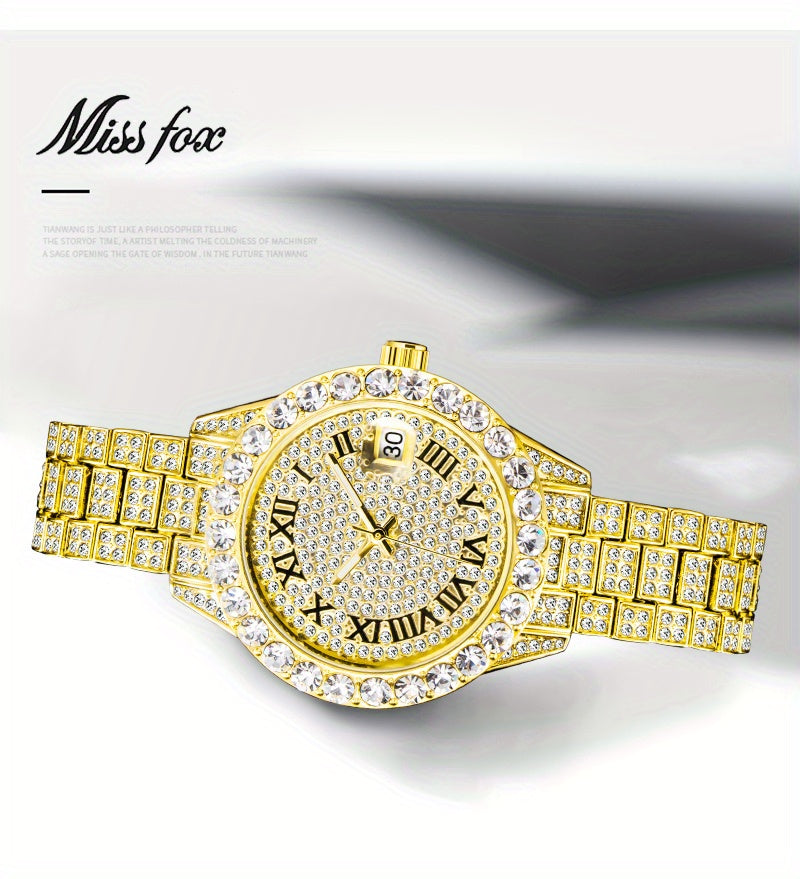 MISSFOX Women Watch Iced Out Shiny Diamond Fashion Elegant Small Case Dress Watches Fashion With Auto Calendar