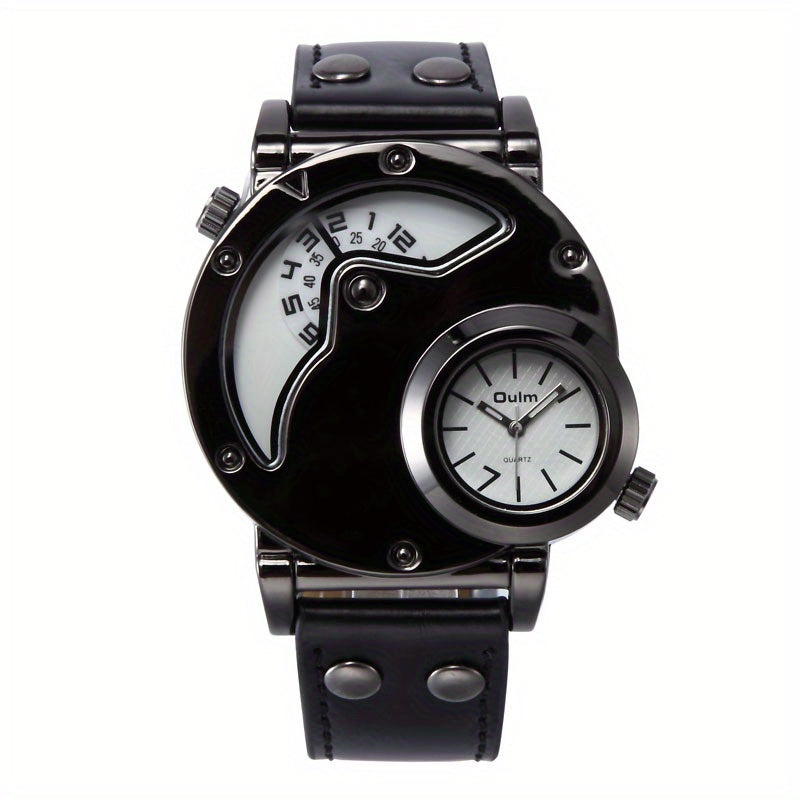Oulm Unique Double Time Zone Sports Quartz Watch Male Clock Casual PU Leather Military Wristwatch Men's Watches, Ideal choice for Gifts