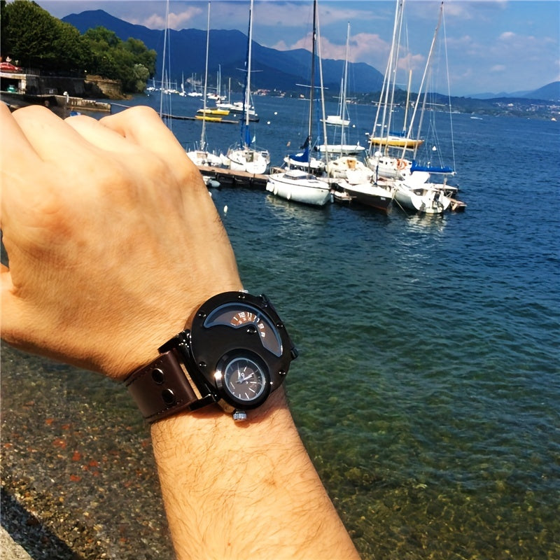 Oulm Unique Double Time Zone Sports Quartz Watch Male Clock Casual PU Leather Military Wristwatch Men's Watches, Ideal choice for Gifts