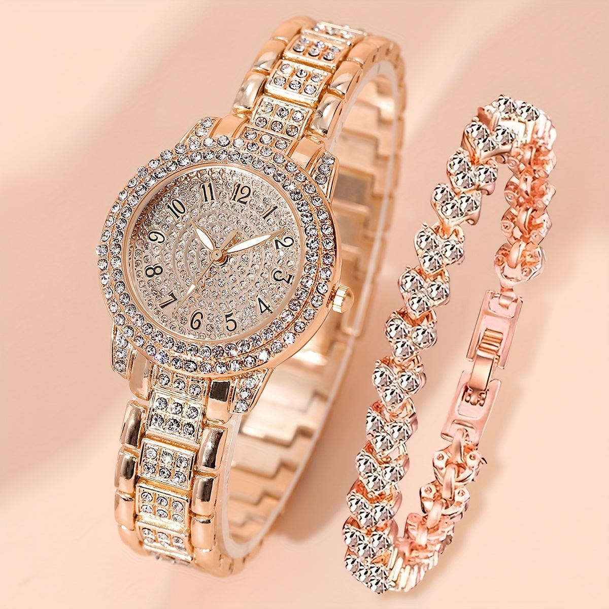 2pcs Women Watches Bracelet Golden Tone Alloy Quartz Watch Stylish Rhinestone Bling Dress Watch Wristwatches, For Xmas