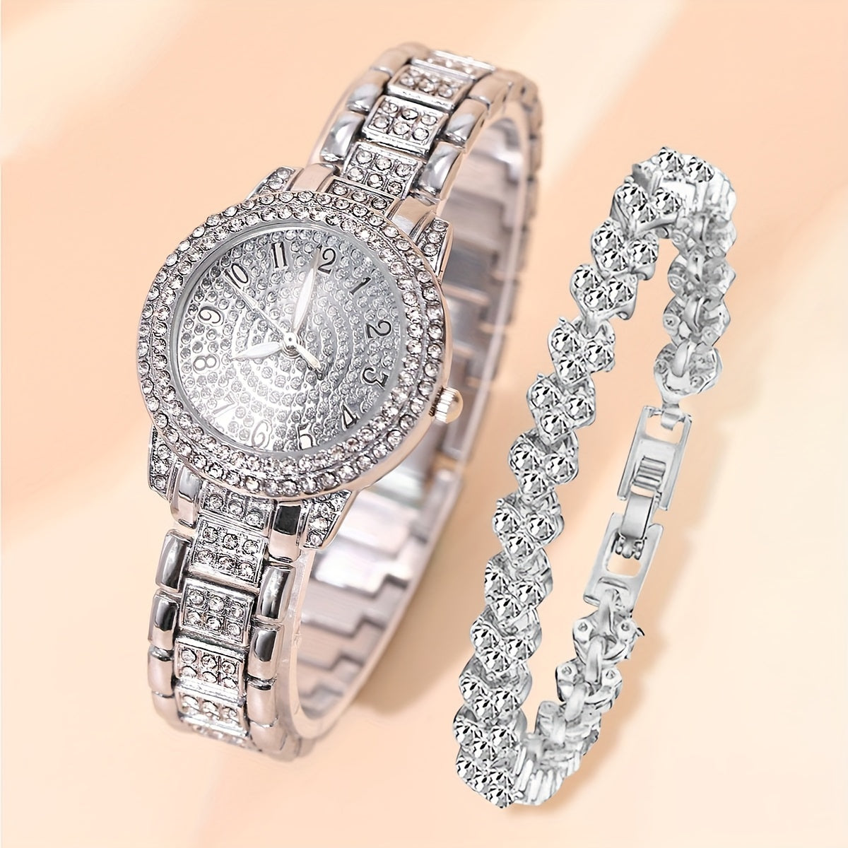 2pcs Women Watches Bracelet Golden Tone Alloy Quartz Watch Stylish Rhinestone Bling Dress Watch Wristwatches, For Xmas