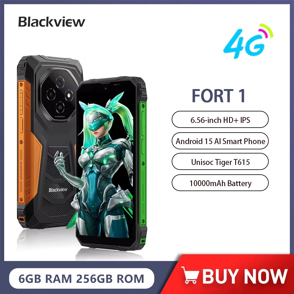 Blackview FORT 1 Rugged Smartphones Android 15 Unisoc T615 6.56 Inch HD+ Display 8GB RAM 256GB ROM 10000mAh Mobile Phone NFC