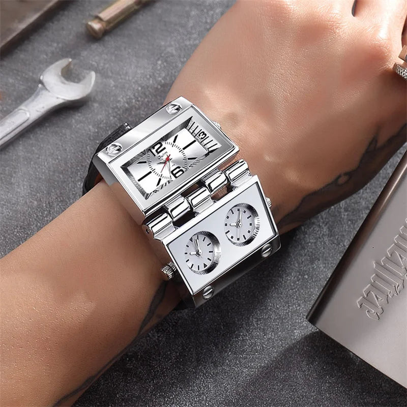 OULM 9525 Big Unique Design Male Watch Three Time Zone Unique Men's Military Watches Punk Style Leather Strap Wristwatch