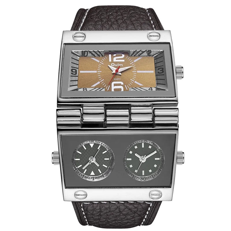 OULM 9525 Big Unique Design Male Watch Three Time Zone Unique Men's Military Watches Punk Style Leather Strap Wristwatch