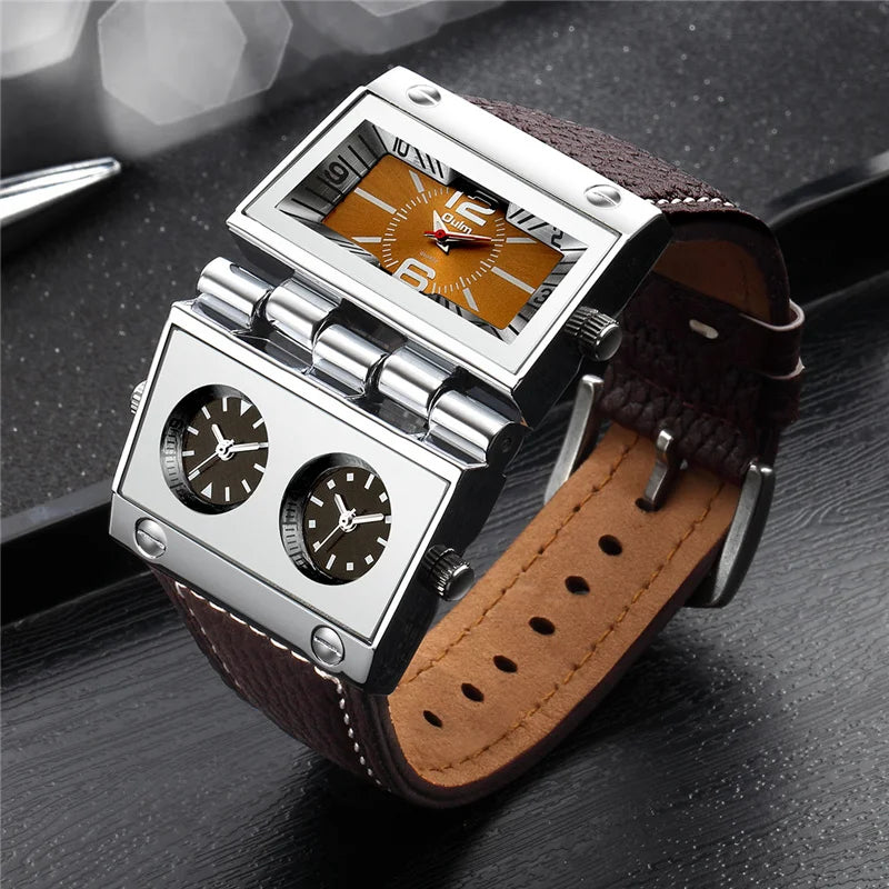 OULM 9525 Big Unique Design Male Watch Three Time Zone Unique Men's Military Watches Punk Style Leather Strap Wristwatch