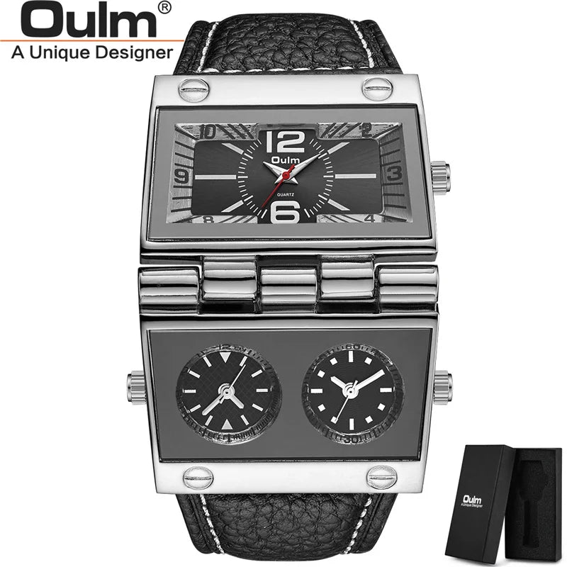 OULM 9525 Big Unique Design Male Watch Three Time Zone Unique Men's Military Watches Punk Style Leather Strap Wristwatch