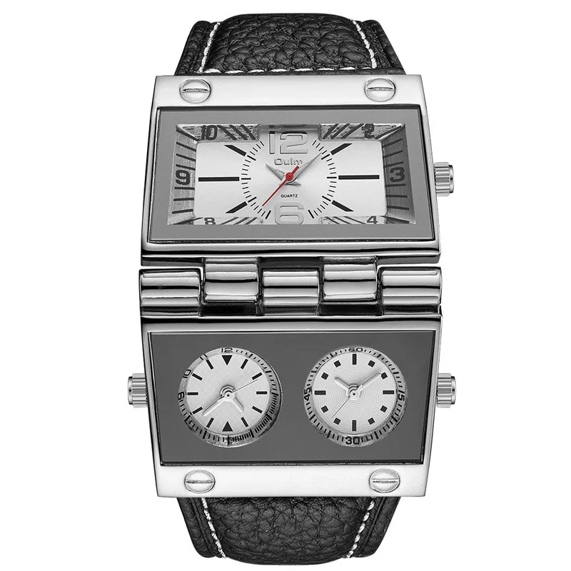OULM 9525 Big Unique Design Male Watch Three Time Zone Unique Men's Military Watches Punk Style Leather Strap Wristwatch
