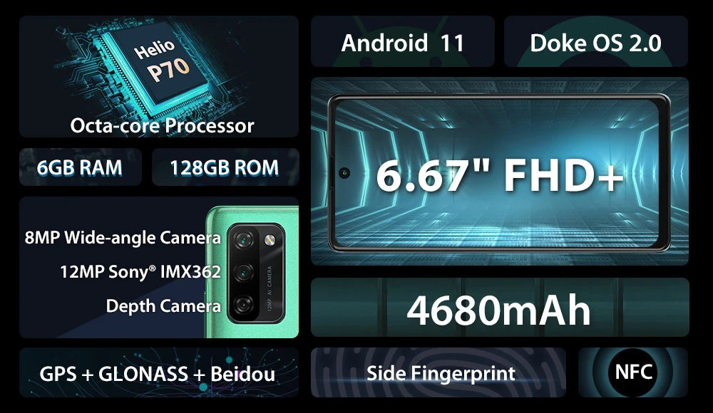 Blackview A100 Helio P70 Android 11 Smartphone 6GB+128GB 6.67" 4680mAh Cellphone NFC Cellura 4G LTE Mobile Phone 18W Fast Charge