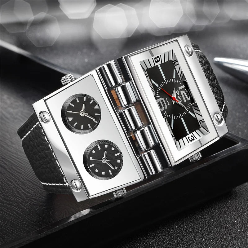 OULM 9525 Big Unique Design Male Watch Three Time Zone Unique Men's Military Watches Punk Style Leather Strap Wristwatch
