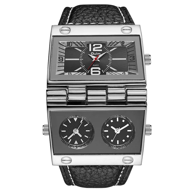 OULM 9525 Big Unique Design Male Watch Three Time Zone Unique Men's Military Watches Punk Style Leather Strap Wristwatch