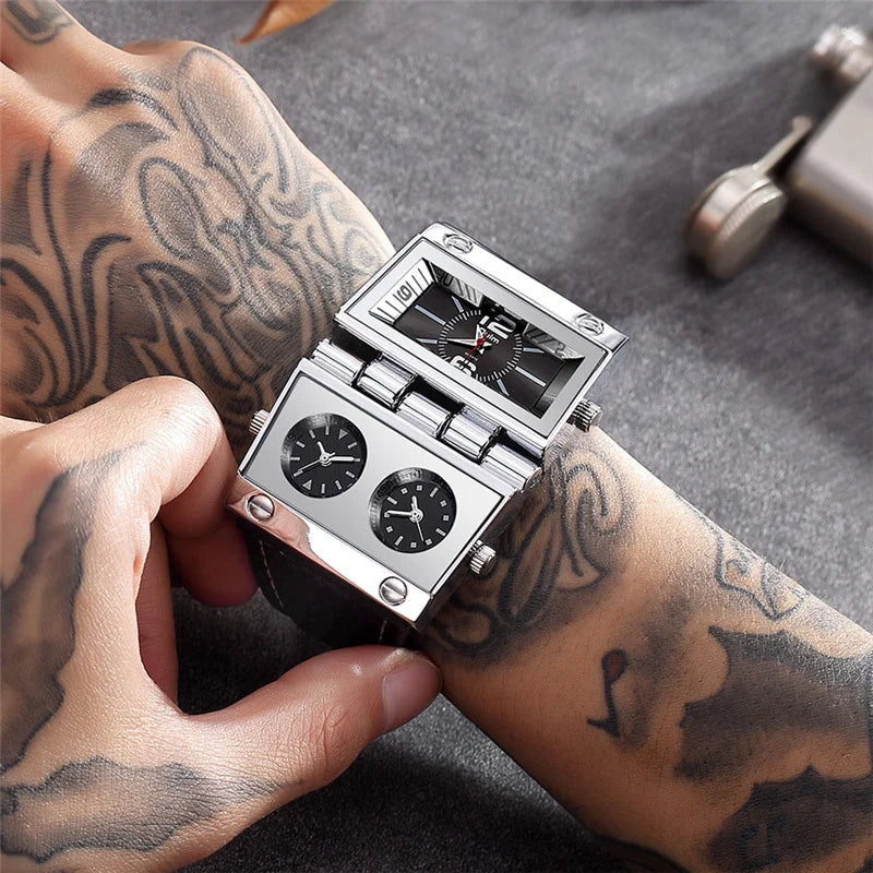 OULM 9525 Big Unique Design Male Watch Three Time Zone Unique Men's Military Watches Punk Style Leather Strap Wristwatch