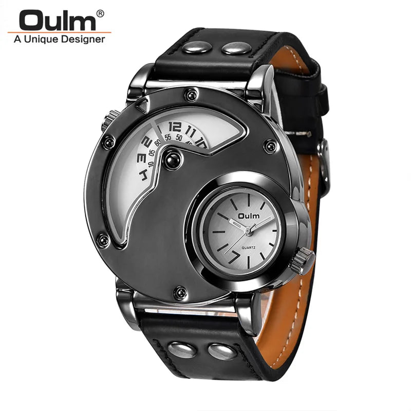 Oulm 9591 Sport Men Quartz Watch Two Time Zone Classic Men's Wristwatch Casual Leather Strap Male Clock reloj hombre