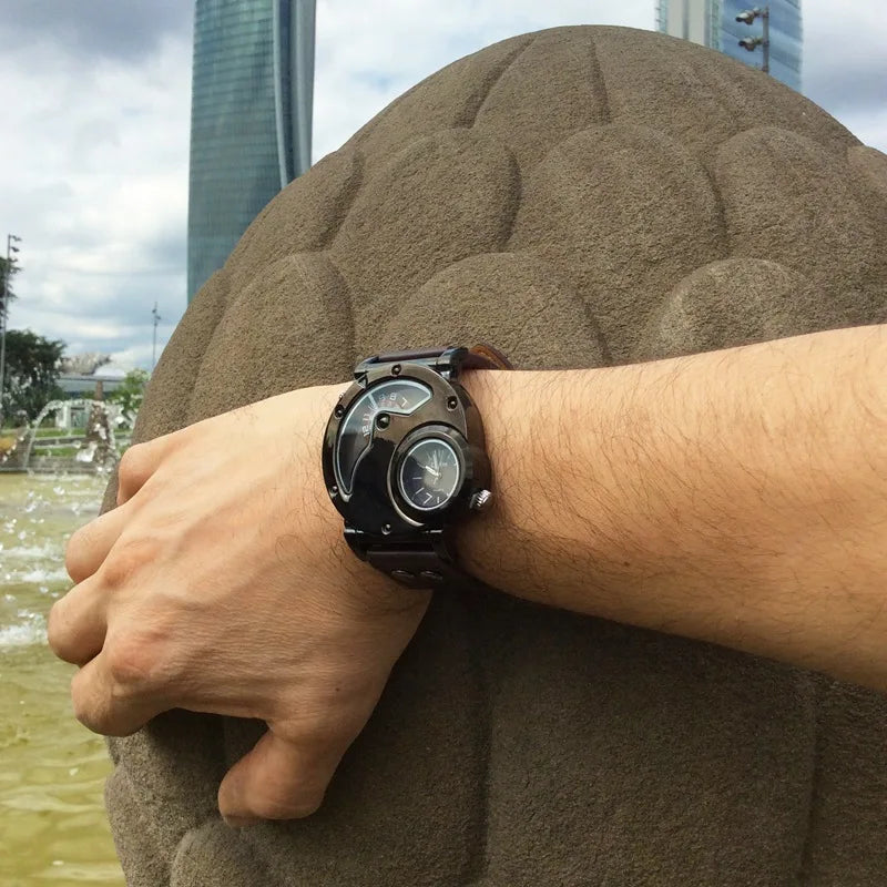 Oulm 9591 Sport Men Quartz Watch Two Time Zone Classic Men's Wristwatch Casual Leather Strap Male Clock reloj hombre
