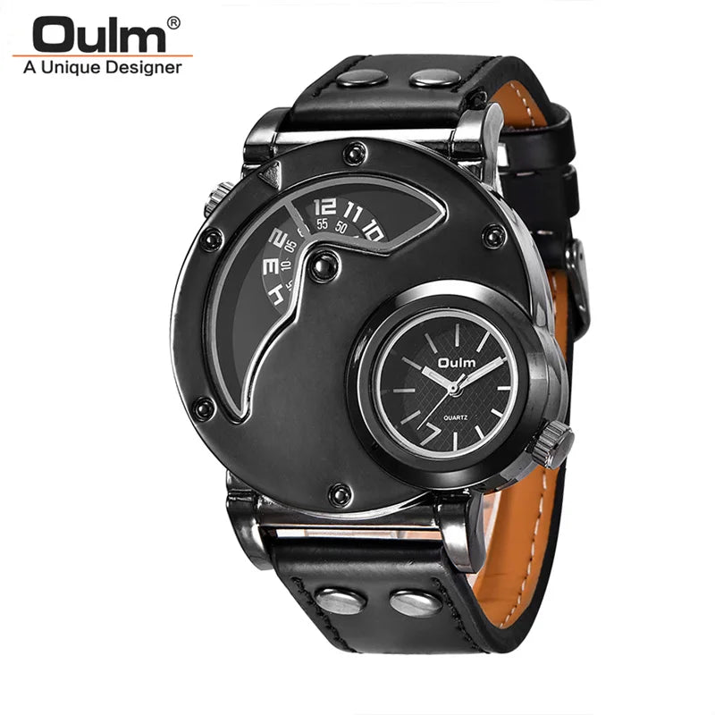 Oulm 9591 Sport Men Quartz Watch Two Time Zone Classic Men's Wristwatch Casual Leather Strap Male Clock reloj hombre