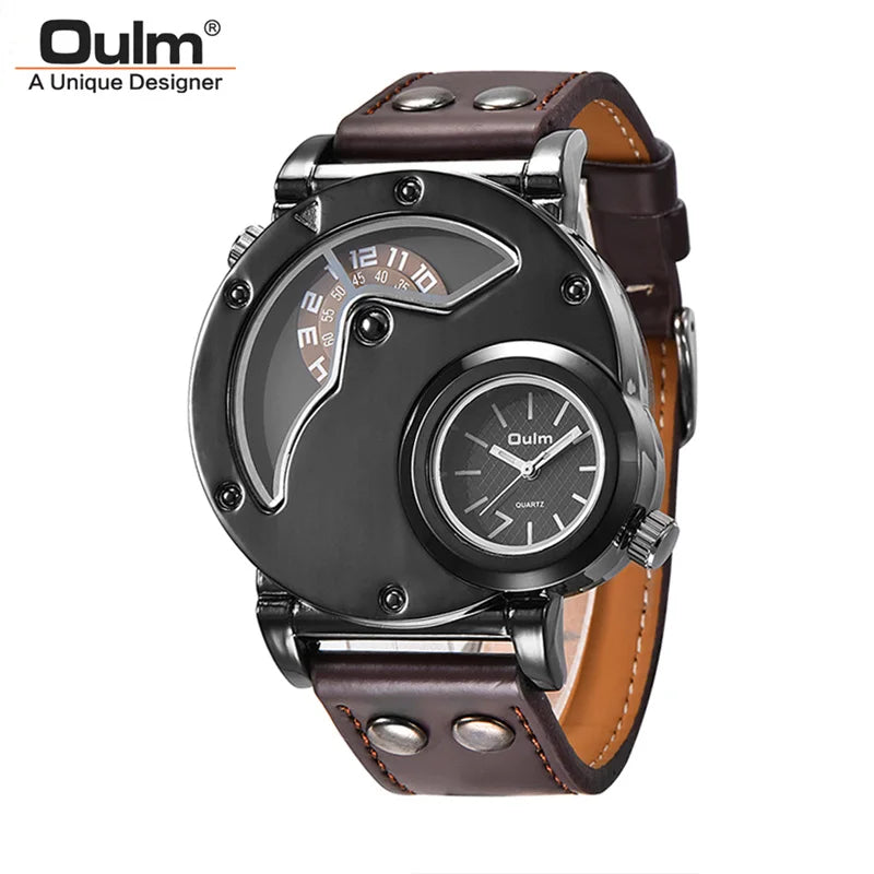 Oulm 9591 Sport Men Quartz Watch Two Time Zone Classic Men's Wristwatch Casual Leather Strap Male Clock reloj hombre