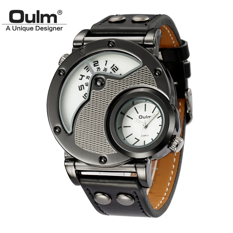 Oulm 9591 Sport Men Quartz Watch Two Time Zone Classic Men's Wristwatch Casual Leather Strap Male Clock reloj hombre