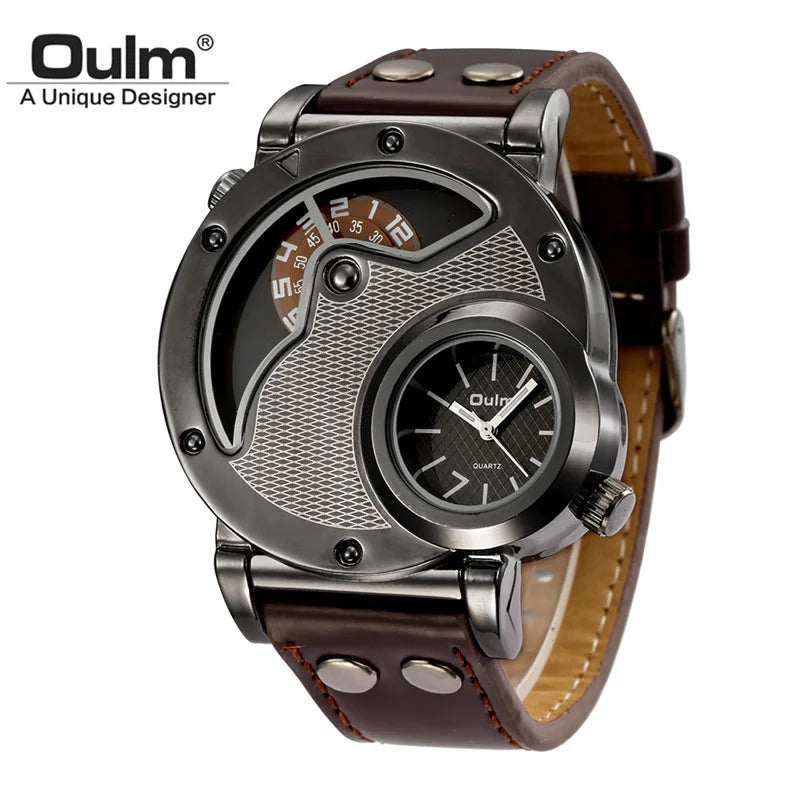 Oulm 9591 Sport Men Quartz Watch Two Time Zone Classic Men's Wristwatch Casual Leather Strap Male Clock reloj hombre
