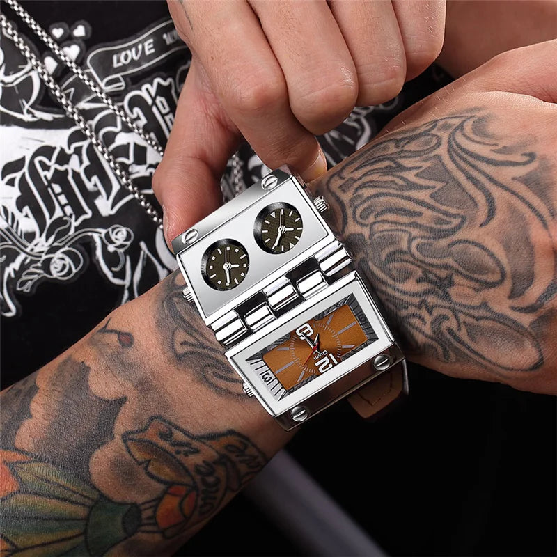 OULM 9525 Big Unique Design Male Watch Three Time Zone Unique Men's Military Watches Punk Style Leather Strap Wristwatch