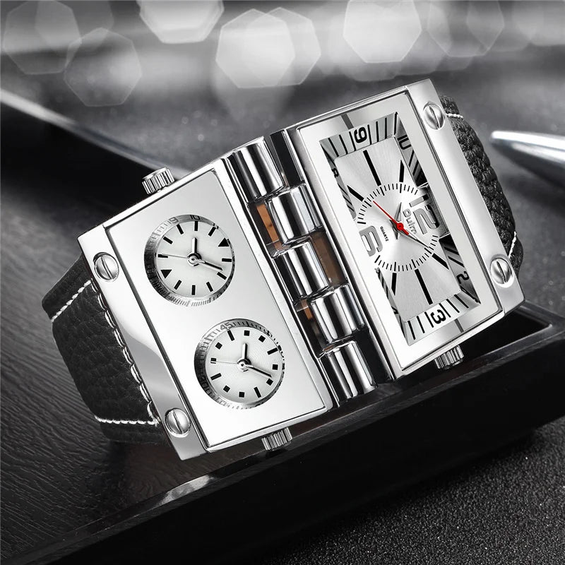 OULM 9525 Big Unique Design Male Watch Three Time Zone Unique Men's Military Watches Punk Style Leather Strap Wristwatch