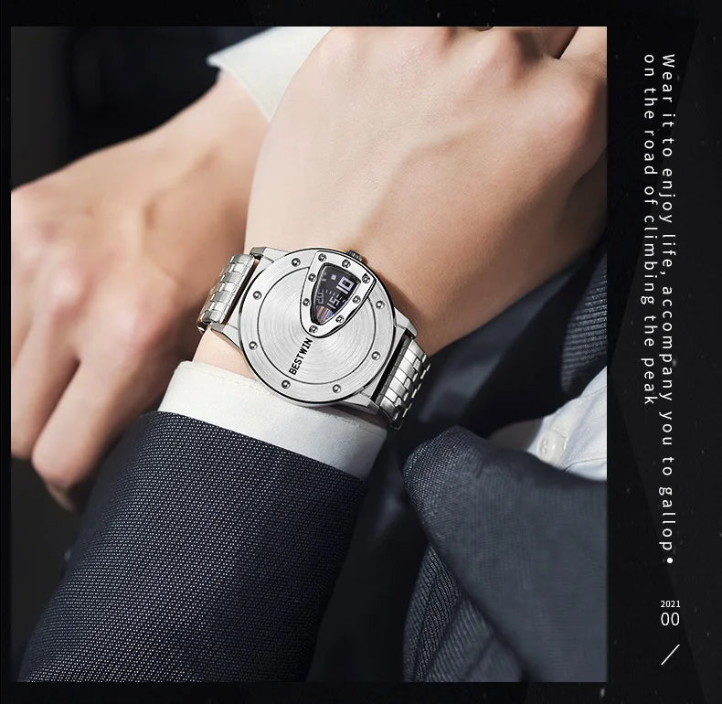 BSETWIN 739 Brand Men Watch Creative Semi-closed Dial Digital Scale Time Stainless Steel Strap 30M Waterproof Fashion Men Watch