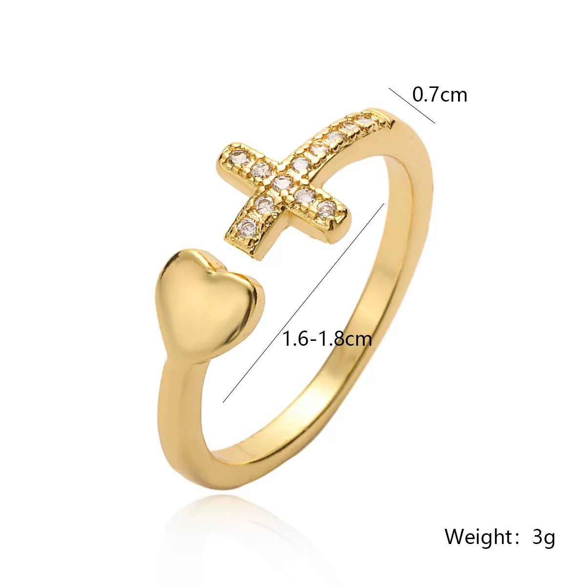 Simple Copper Plated Gold Zircon Cross Love Heart-shaped Ring Female
