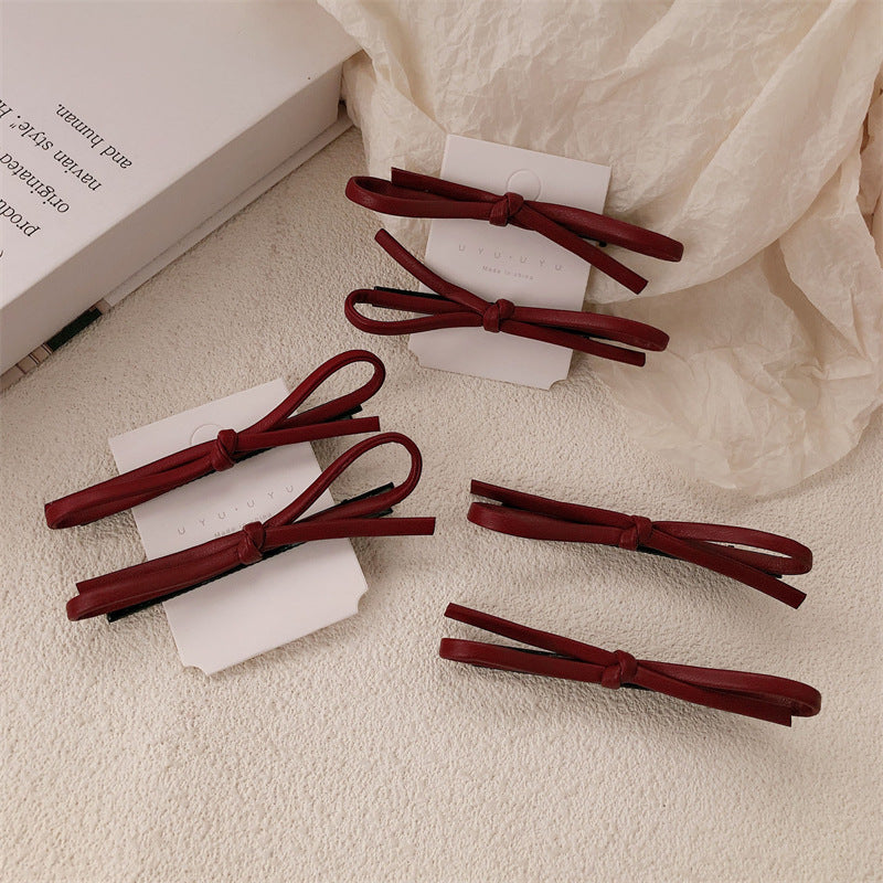 Wine Red Leather Bow Barrettes Simple Advanced