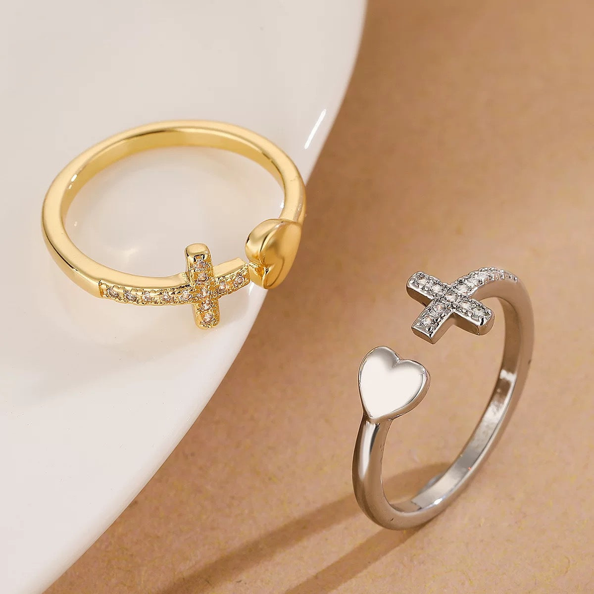 Simple Copper Plated Gold Zircon Cross Love Heart-shaped Ring Female