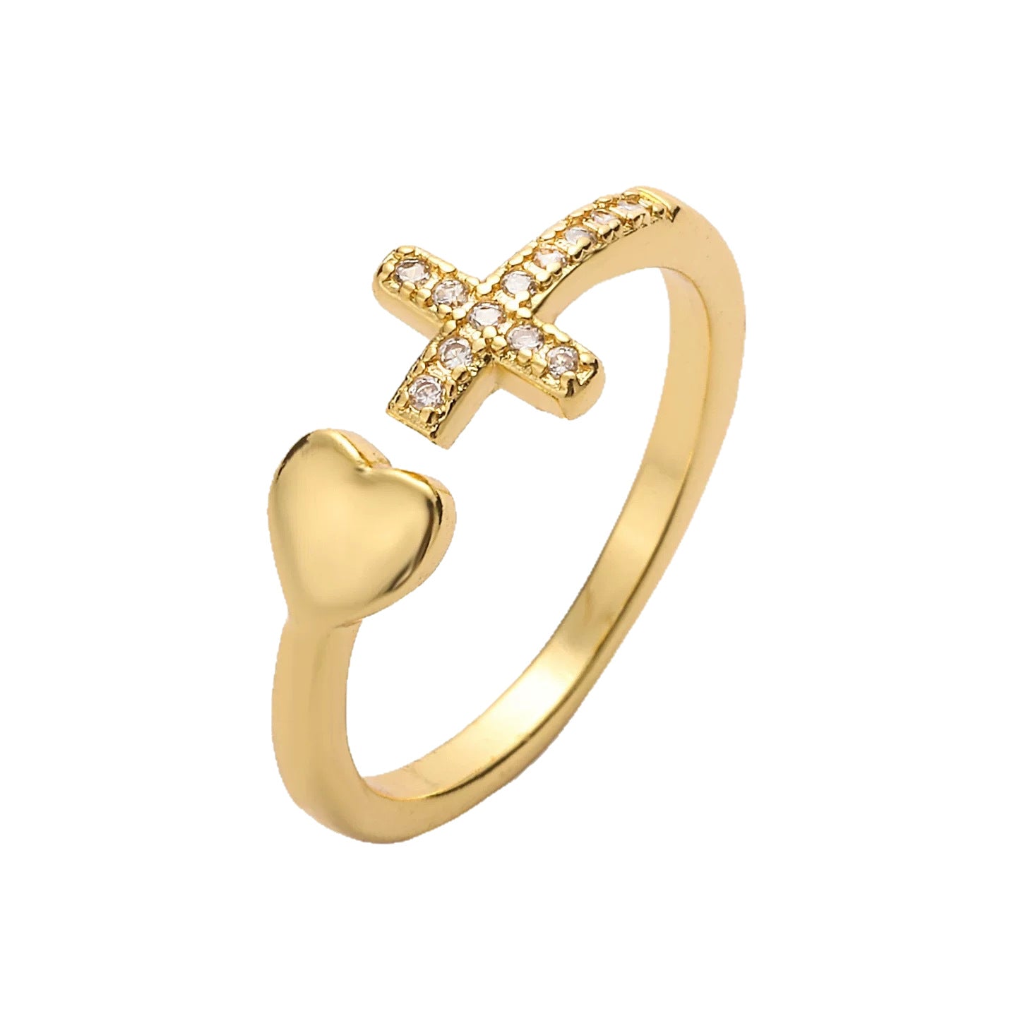 Simple Copper Plated Gold Zircon Cross Love Heart-shaped Ring Female