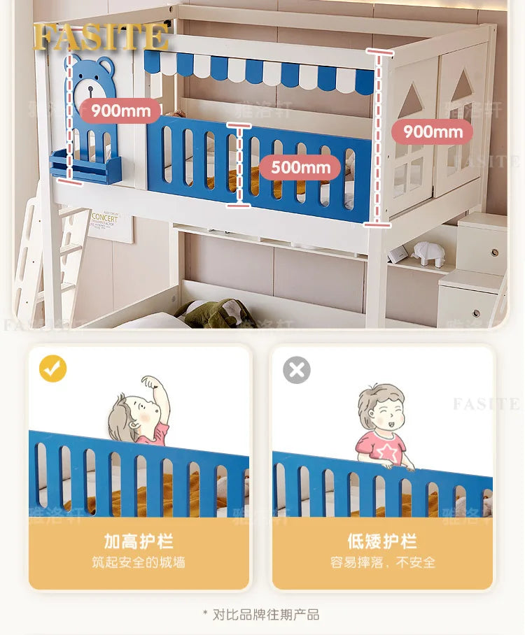 Children's bunk wooden bed Girl with wide and high guardrail with slide Small apartment Castle treehouse bed