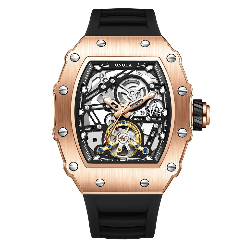 ONOLA 3854 Luxury Automatic Mechanical Silicone Watch Tourbillon Hollow Skeleton Men's Watches reloj automático de hombre