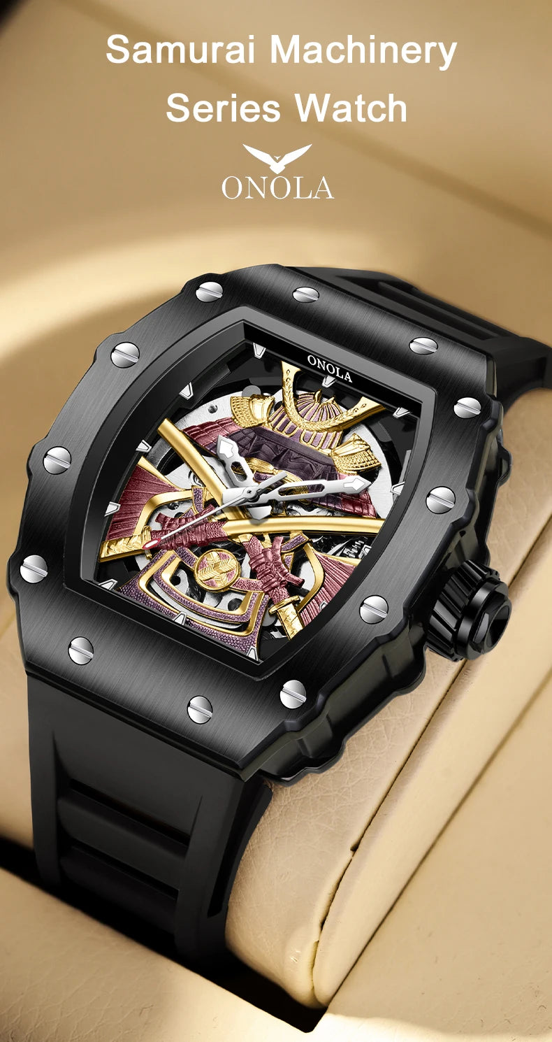 ONOLA 3865 Automatic Mechanical Tonneau Watch For Men Luxury Cool Watch Large Dial Silicone Men Watch reloj automático hombre