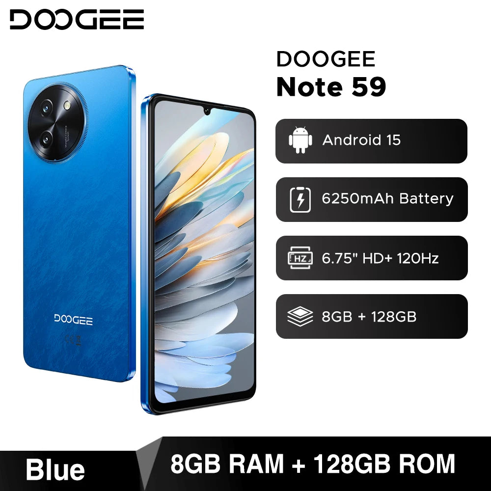 Global Version DOOGEE Note 59 5G 32GB(8+24) 128GB 6.75" 120Hz 6250mAh Large Battery UNISOC T8200 Octa Core Android 15 NFC