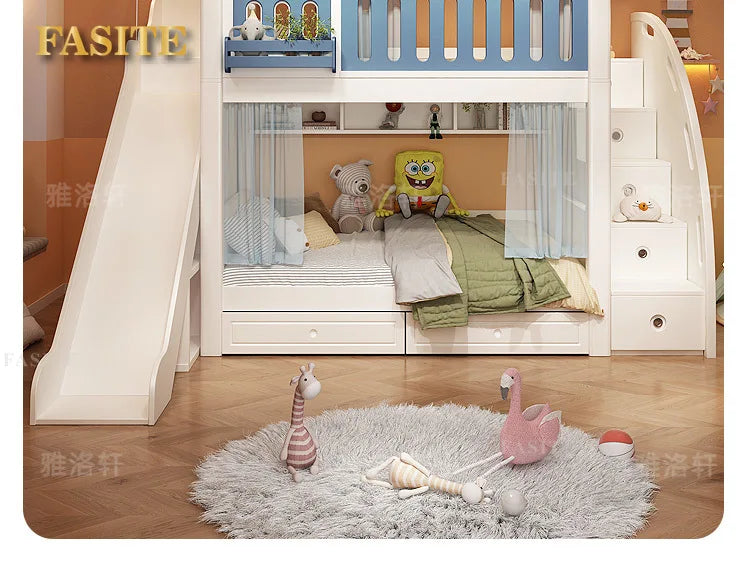 Children's bunk wooden bed Girl with wide and high guardrail with slide Small apartment Castle treehouse bed