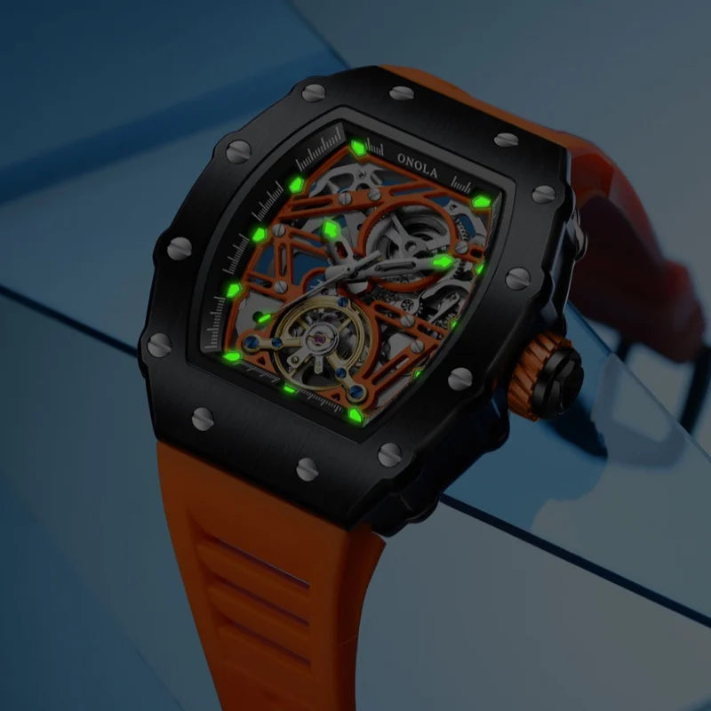 ONOLA 3854 Luxury Automatic Mechanical Silicone Watch Tourbillon Hollow Skeleton Men's Watches reloj automático de hombre