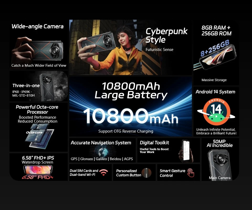 DOOGEE S Cyber Rugged Phone 6.58" 90Hz IPS Screen 10800mAh Large Battery 8GB+256GB 50MP AI Main Camera Android 14