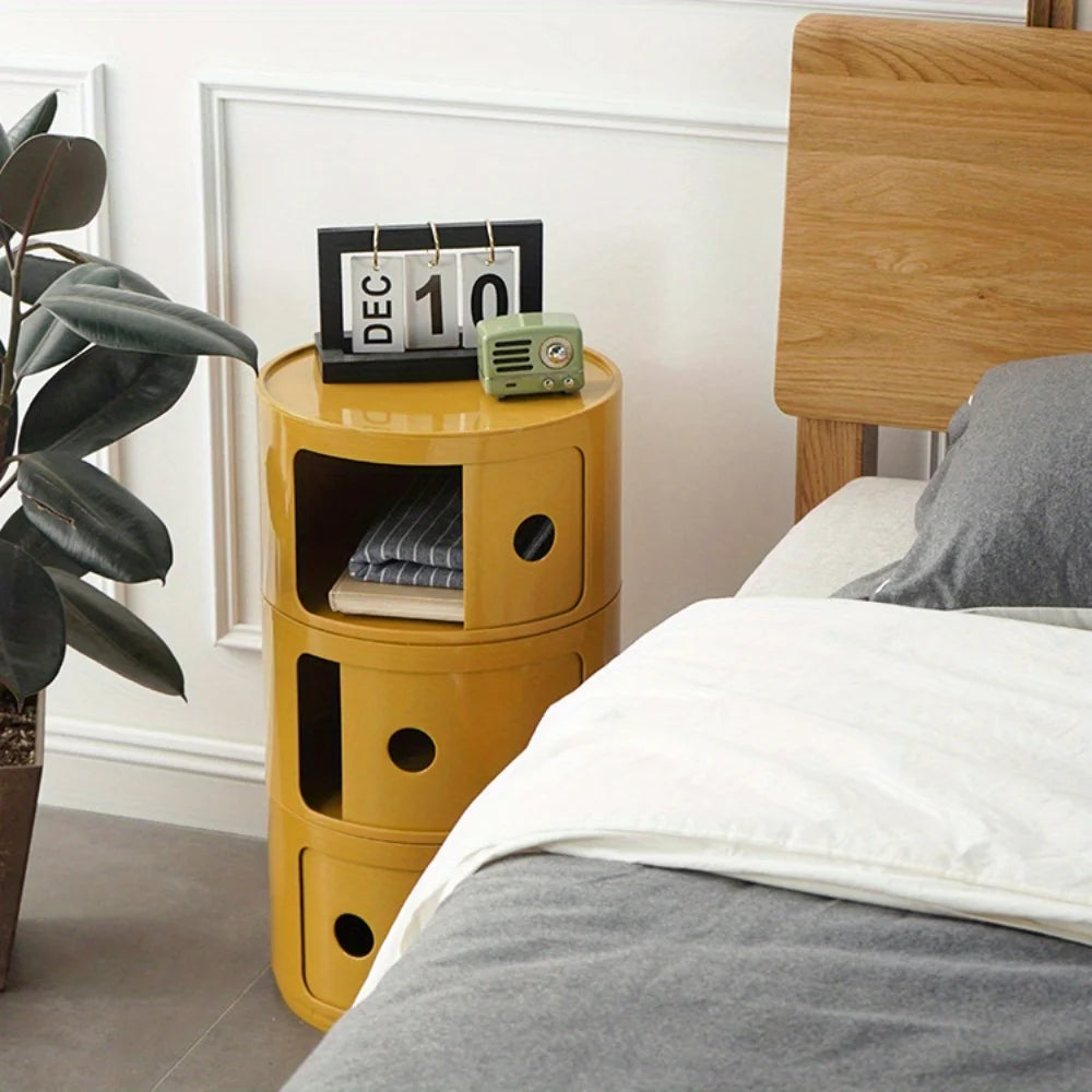 Round Cabinet with Sliding Doors - Multi-Tiered Round Storage Unit for Living Room Bedroom