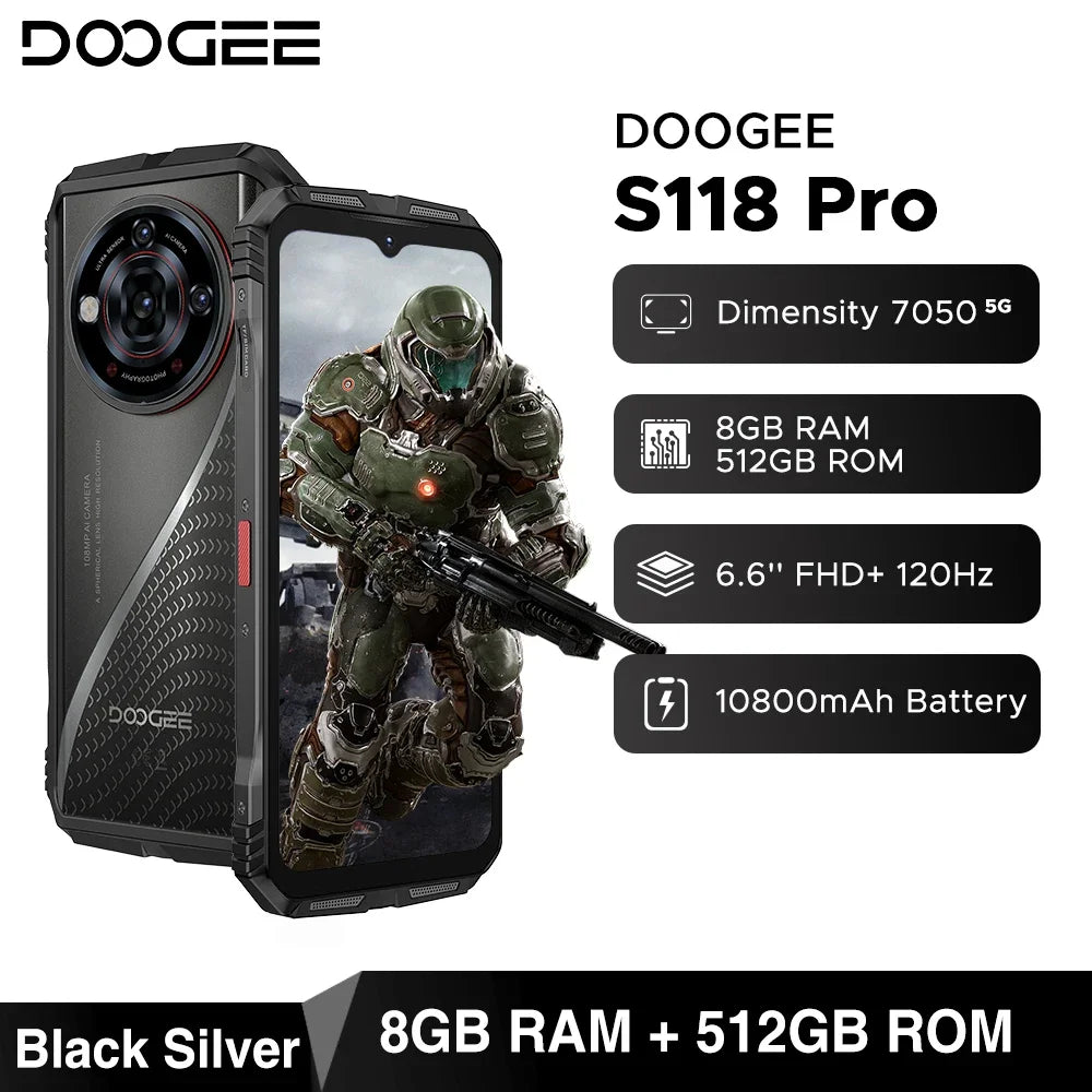 Global Version DOOGEE S118 Pro Rugged Phone 8GB 512GB 108MP AI Main Camera 6.6'' FHD 120Hz 10800mAh Battery Android 14 NFC