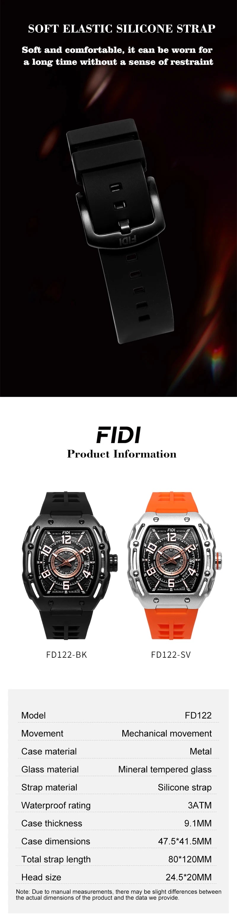 FIDI Luxury Men's Mechanical Watch Hollow Dial Tourbillon Square Case Fashionable Business Sport Waterproof Automatic Watches